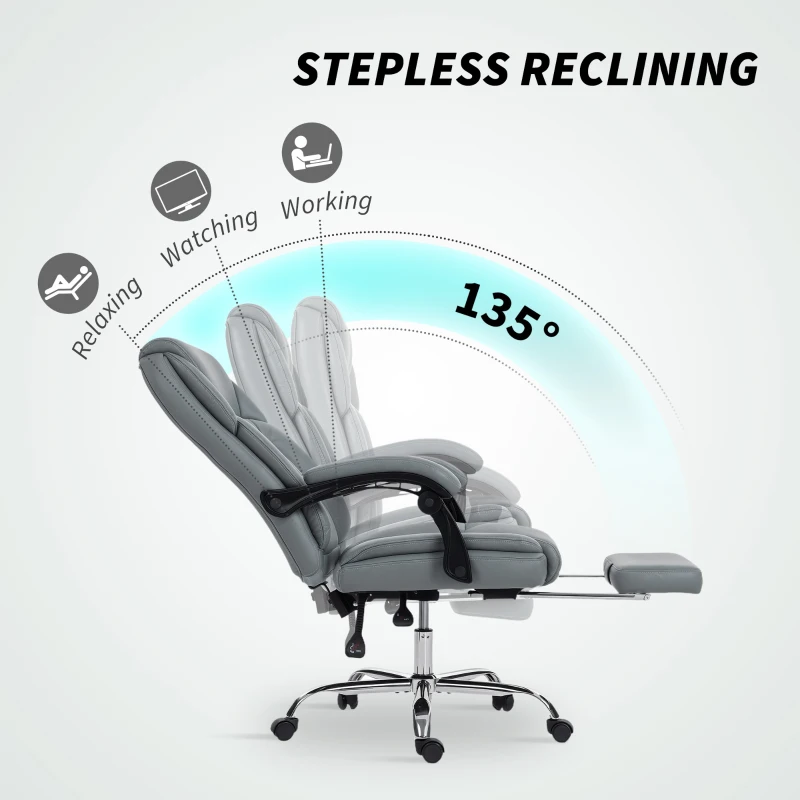 HOMCOM Faux Leather Reclining Office Chair, with Footrest - Grey