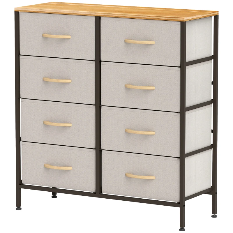 HOMCOM Fabric Chest of Drawers, Industrial Bedroom Dresser with 8 Fabric Drawers, Steel Frame and Wooden Top for Nursery, Living Room, Hallway, Cream White