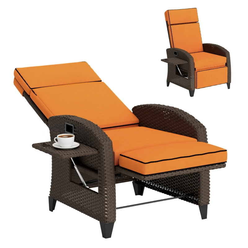 Outsunny Garden Recliner with Cushion, Outdoor Recliner Chair with Adjustable Backrest & Footrest, Side Tray, Orange