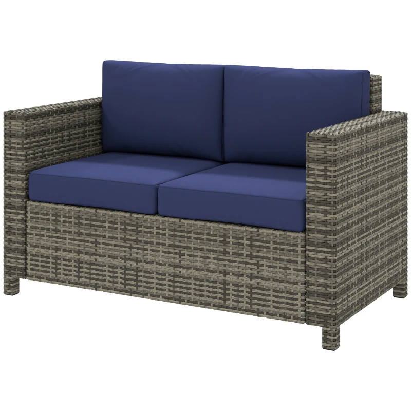 Outsunny Rattan Sofa, 2 Seater Garden Furniture with Soft Padded Cushion and Armrests, Wicker Garden Loveseat for Patio, Navy Blue