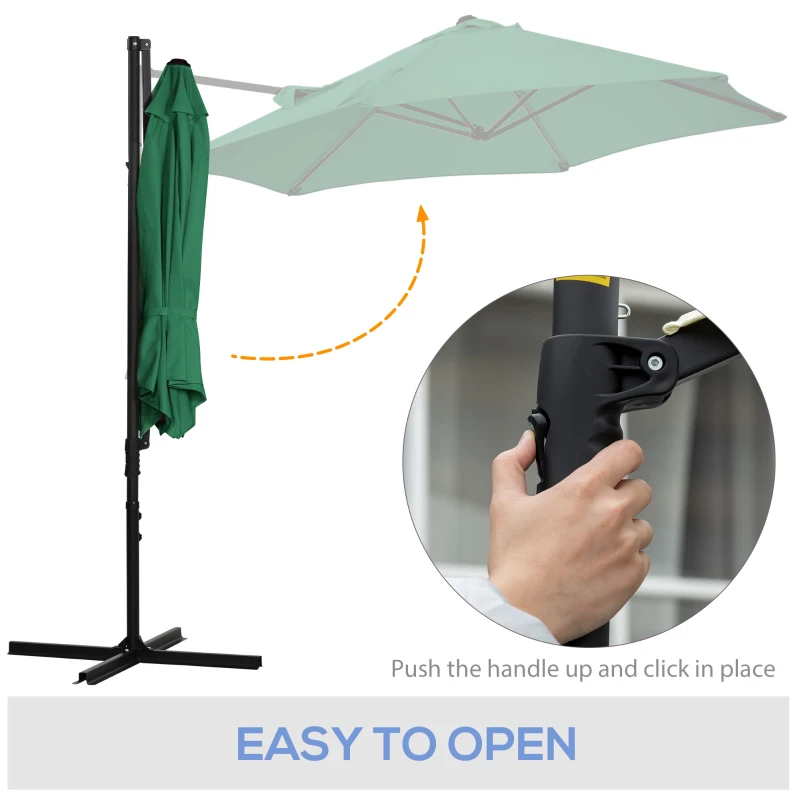 Outsunny 2.5M Garden Cantilever Parasol, Offset Roma Patio Umbrella Hanging Sun Shade Canopy Shelter with 360° Rotation and Cross Base, Green