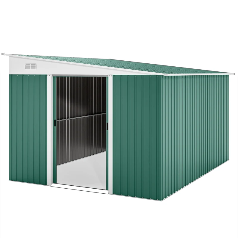Outsunny Garden Metal Storage Shed Outdoor Metal Tool House with Double Sliding Doors and 2 Air Vents, 11.3x9.2ft, Green