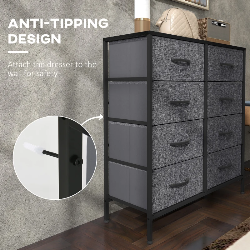HOMCOM Fabric Chest of Drawers, Industrial Bedroom Dresser with 8 Fabric Drawers, Steel Frame and Wooden Top for Nursery, Living Room, Hallway, Black
