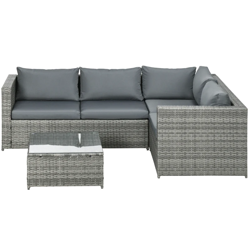 Outsunny 3 Pieces PE Rattan Garden Furniture Set with 10 cm Thick Cushions, 4 Seater Garden Corner Sofa Set with Glass Top Coffee Table, Outdoor Furniture for Patio, Porch, Grey