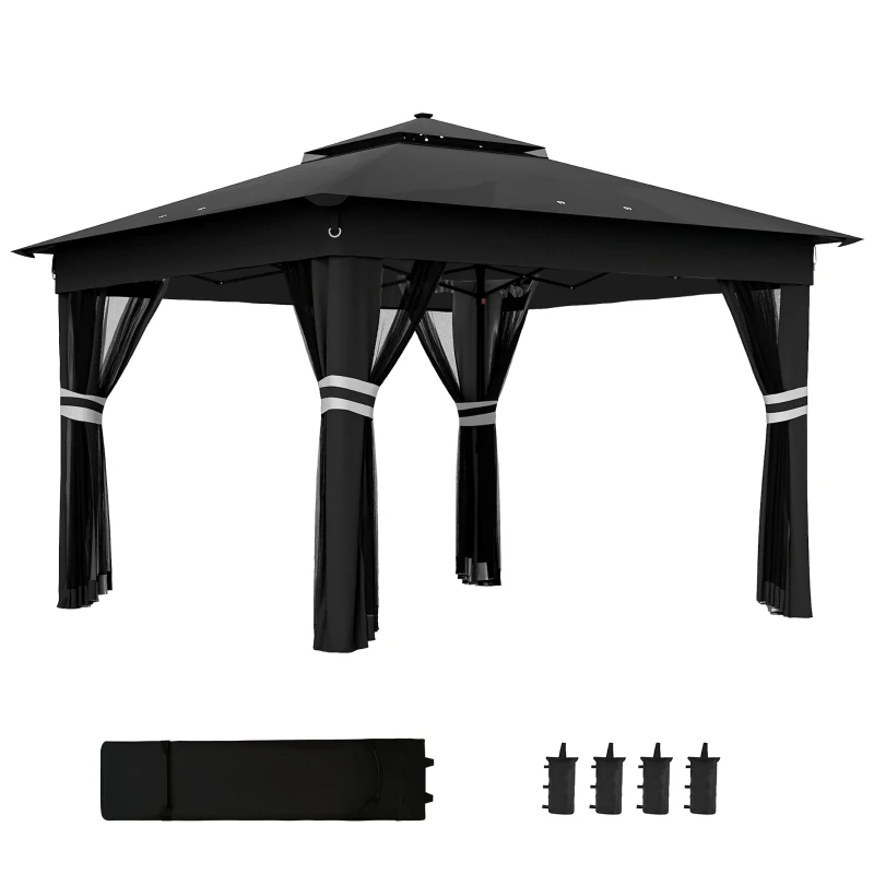 Outsunny 3.36 x 3.36m Pop Up Gazebo Party Tent with Solar-Powered LED Lights, Adjustable Event Shelter with Netting, Black