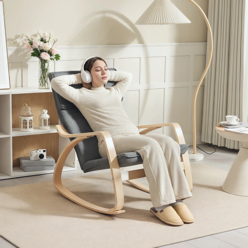 HOMCOM Comfortable Relax Rocking Chair, Upholstered Lounge Chair Recliner with High Back and Headrest for Living Room, Bedroom, Grey