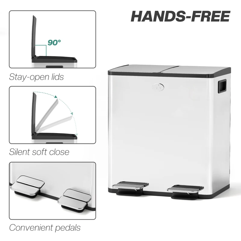 HOMCOM 40L Dual Compartment Stainless Steel Bin, with Deodoriser Holders - Silver Tone