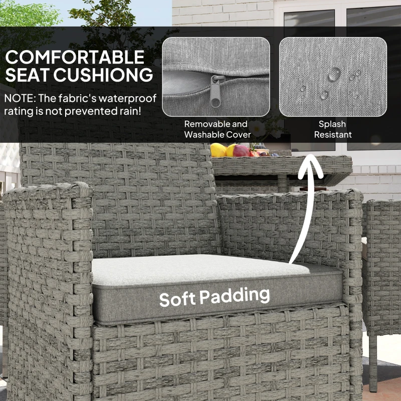 Outsunny Rattan Garden Furniture Set, Outdoor Dining Table and Chairs 4 Seater with Cushions, Square Tempered Glass Top, 4 Armchairs, for Balcony, Terrace, Conservatory, Grey