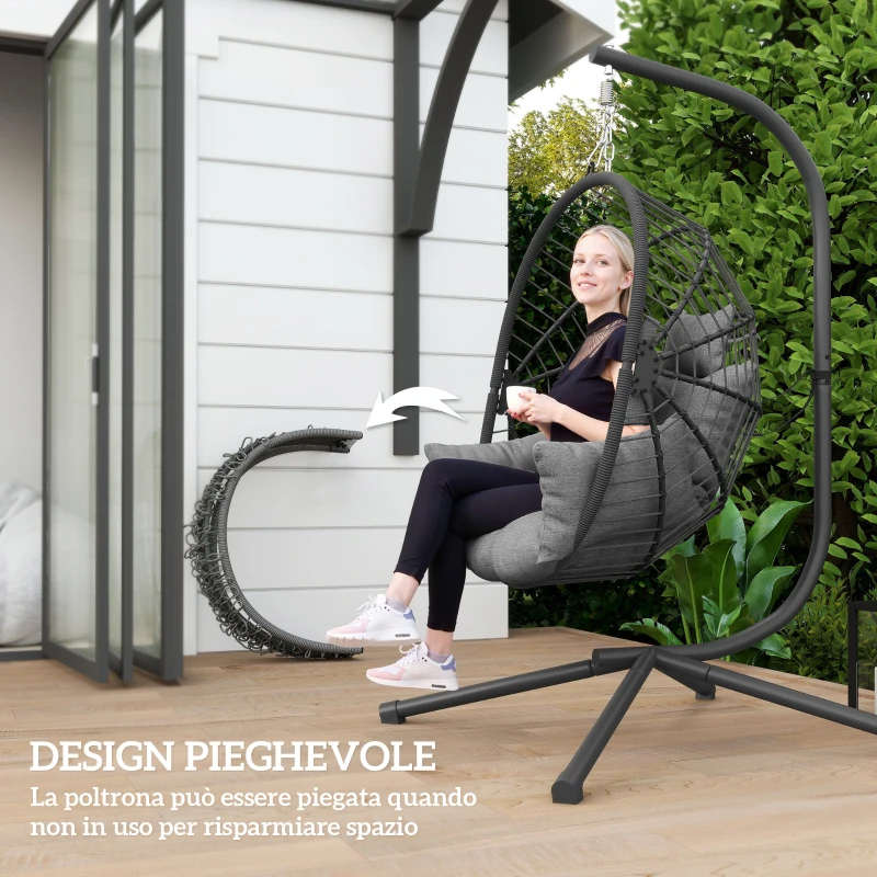 Outsunny Poltrona Sospesa a Uovo con Cuscino Imbottito e Cesto Pieghevole, 120x106x188 cm, Grigio