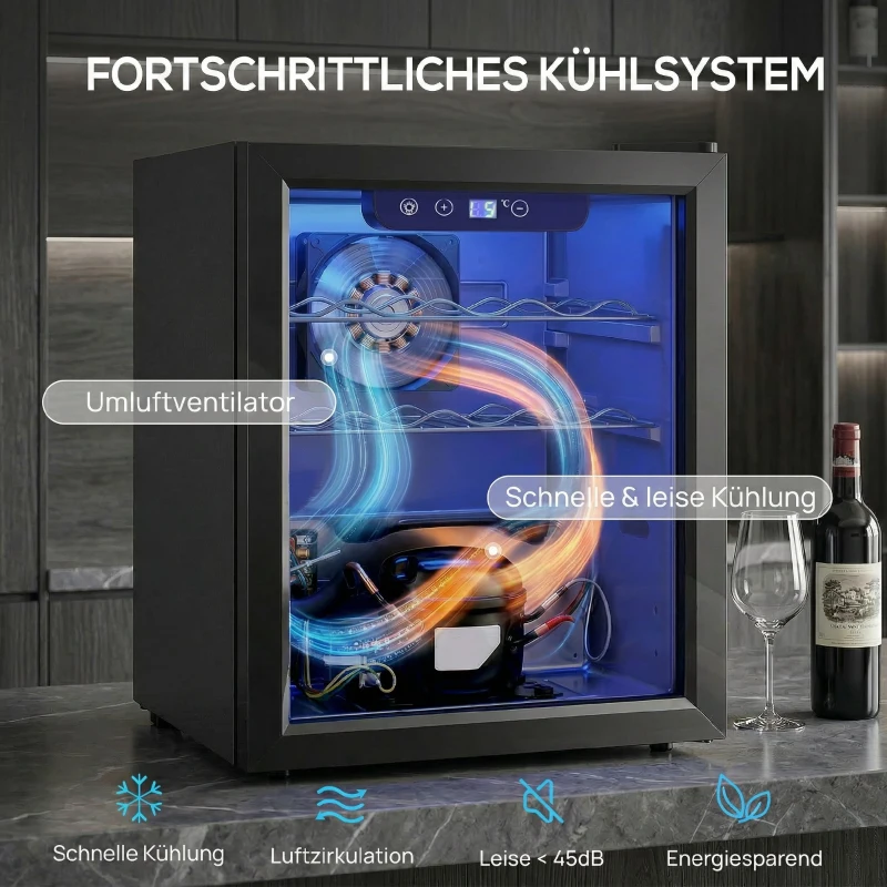 HOMCOM Weinkühler für 16 Flaschen, 48 L Kapazität, 4–16°C, Unterbau Kühlschrank für Getränke und Bier, mit Glastür, LED-Licht