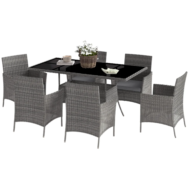 Outsunny 7-Piece Rattan Garden Furniture Set with Cushions, 6 Seater Garden Table and Chairs, Rattan Dining Set with 6 Armchairs, Rectangular Glass Top Table, Charcoal Grey