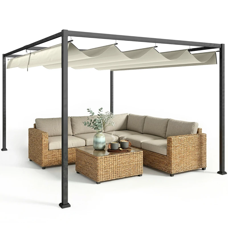 Outsunny 4 x 3(m) Metal Pergola with Retractable Roof, Garden Gazebo Canopy Shelter for Outdoor, Patio, Cream White