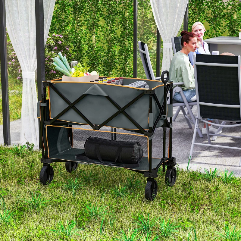 Outsunny Double Decker Folding Festival Trolley on Wheels, 200KG & 350L Capacity Collapsible Wagon Festival Trolley Cart with 134cm Extended for Camping Sports Shopping Garden and Beach, Grey