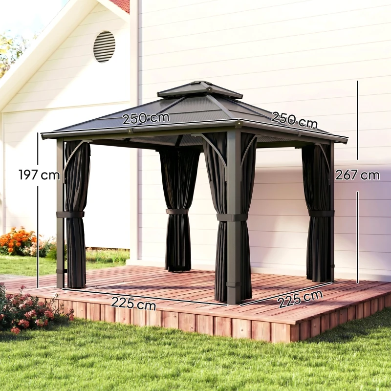 Outsunny 2.5 x 2.5 m Hardtop Gazebo Canopy with 7mm PC Roof, Garden Gazebo Permanent Pavilion with Netting, Curtains, Dark Grey