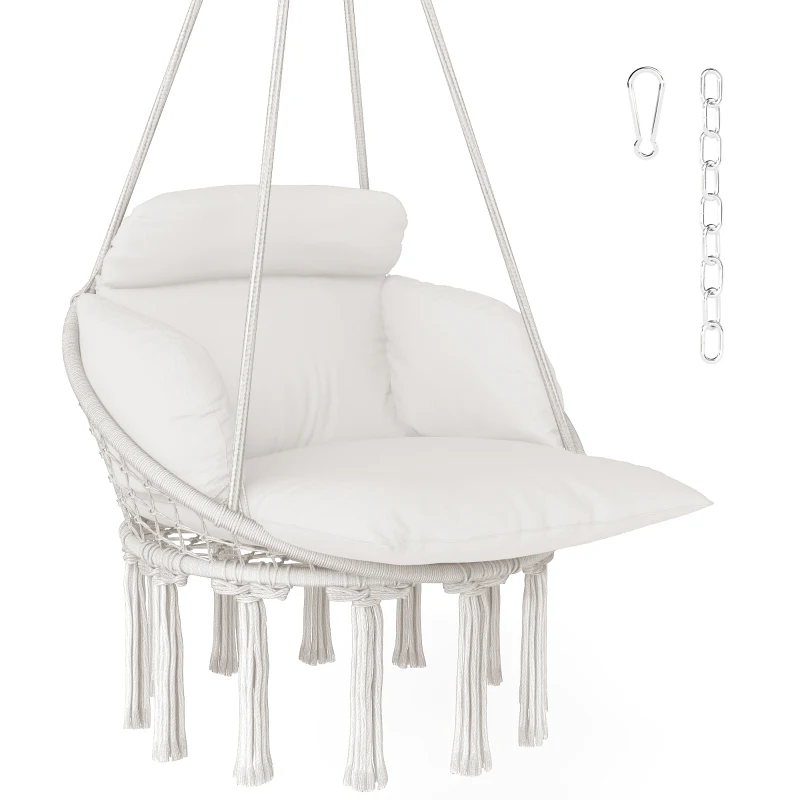 Outsunny Hanging Chair Outdoor Hammock Chair with Soft Cushion, Cotton Rope Boho Style Swing Chair, Hanging Garden Swing Seat for Indoor Outdoor, Cream White