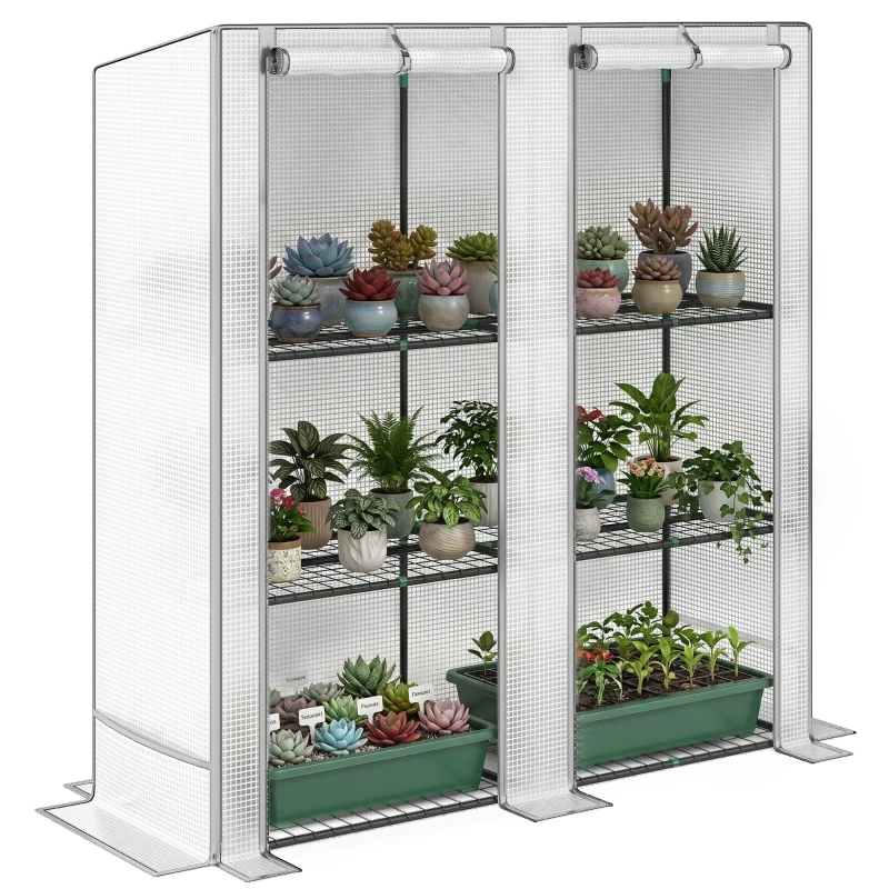 Outsunny Serra da Giardino con 2 Porte Avvolgibili, Scaffale a 3 Ripiani e Tasche Laterali, Bianco e Grigio