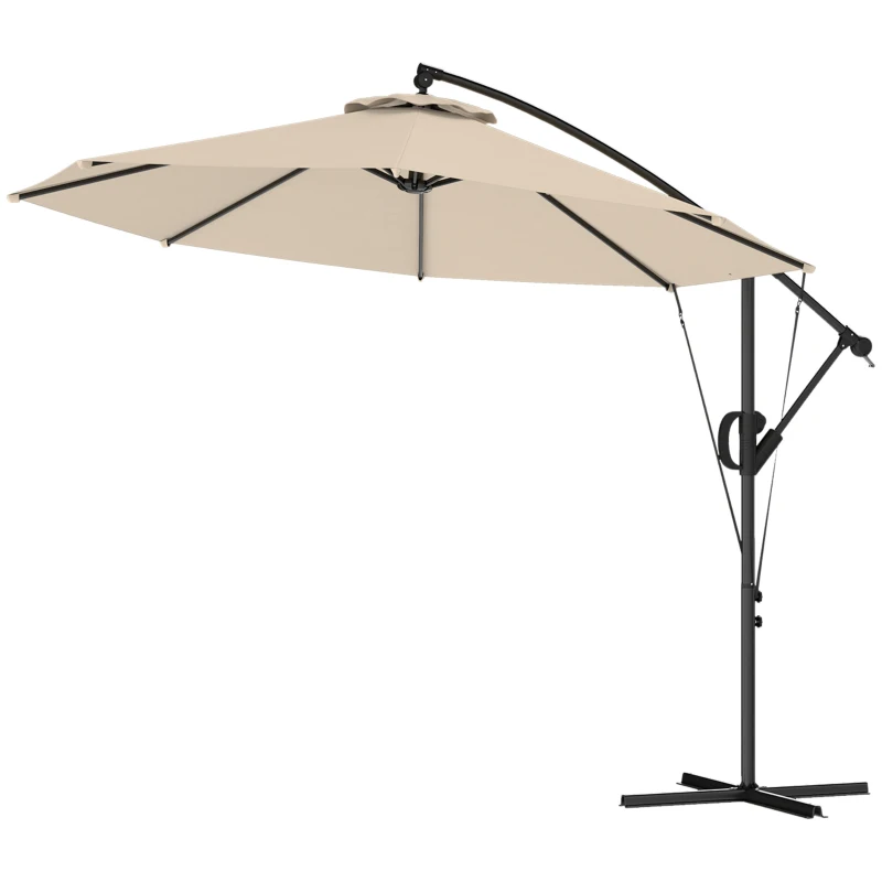 Outsunny 3(m) Garden Cantilever Parasol with Cover and Wind Protection Strap, Round Overhanging Umbrella with Crank Handle and Tilt, Banana Patio Umbrella for Outdoor Sun Shade, UPF50+, Khaki