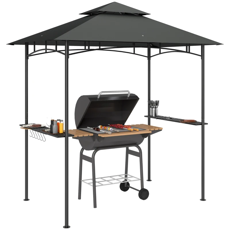 Outsunny 8' x 5' Grill Gazebo, Double Tiered BBQ Gazebo Shelter Canopy with LED Lights, 2 Side Shelves, Hooks, Dark Grey