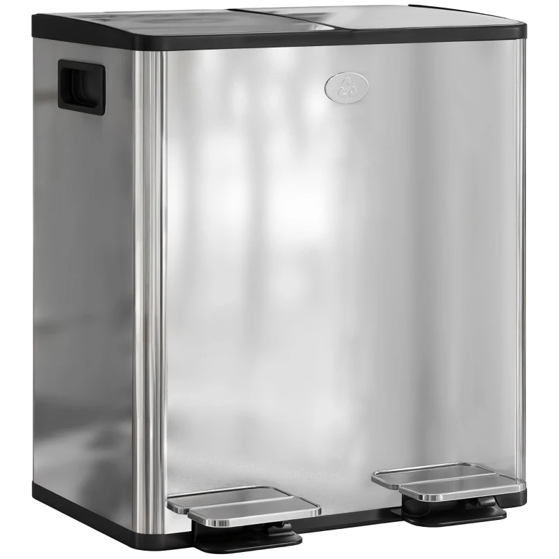 HOMCOM 40L Dual Compartment Stainless Steel Bin, with Deodoriser Holders - Silver Tone