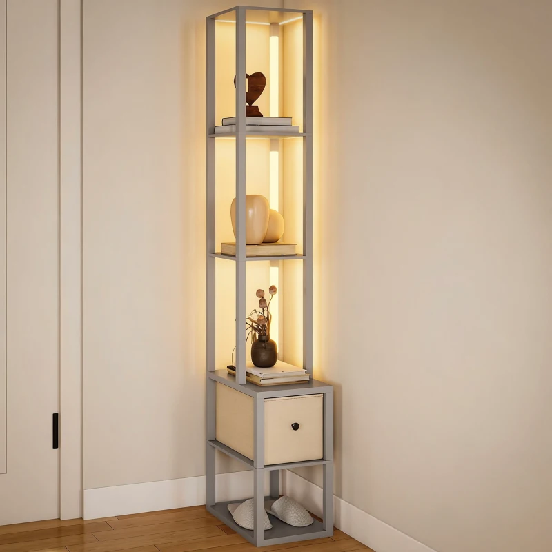 HOMCOM Floor Lamp with Shelves, LED Column Modern Standing Lamp with Fabric Drawer, Adjustable Brightness, Foot Switch for Living Room, Bedroom, Office, Grey