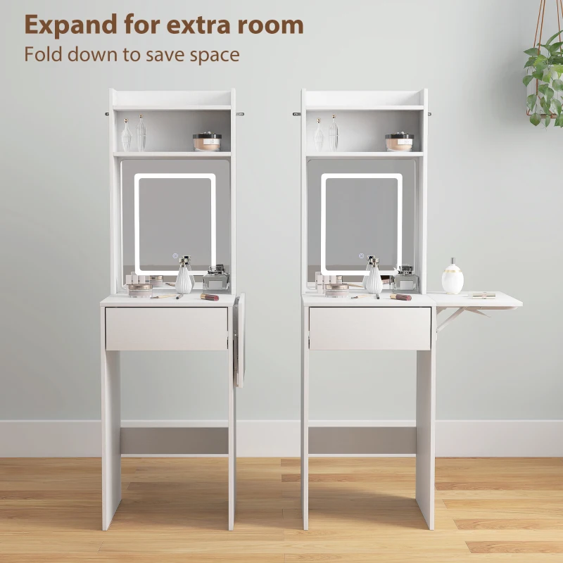 HOMCOM Small Vanity Desk with Mirror and LED Lights, Compact Dressing Table with Drop Leaf, Open Shelves and Drawer, White