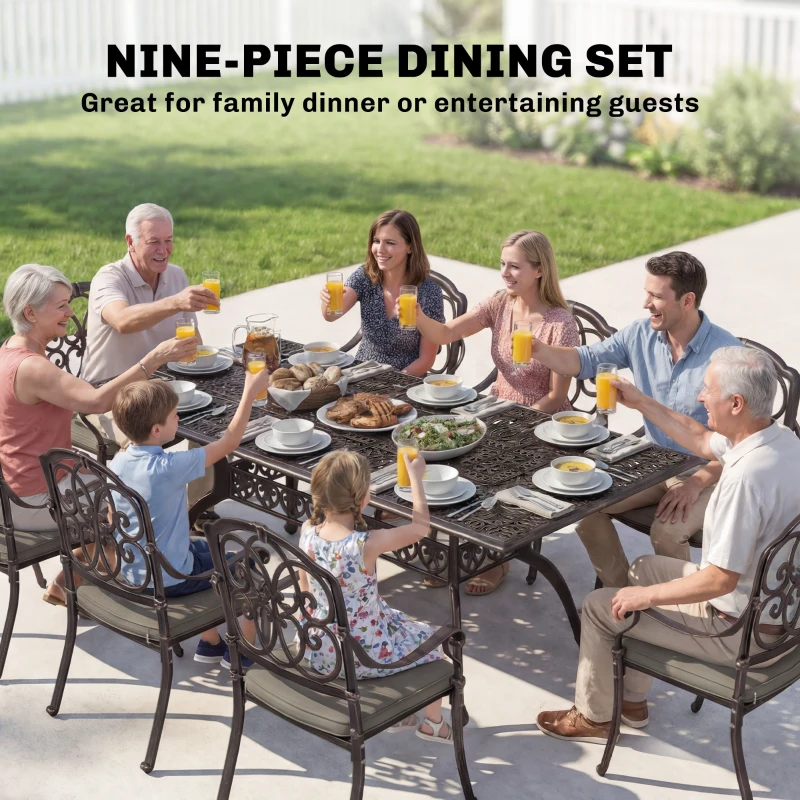 Outsunny 9 Piece Cast Aluminium Garden Dining Set, Garden Table and Chairs Set with Cushions, Parasol Hole for Patio, Bronze Tone