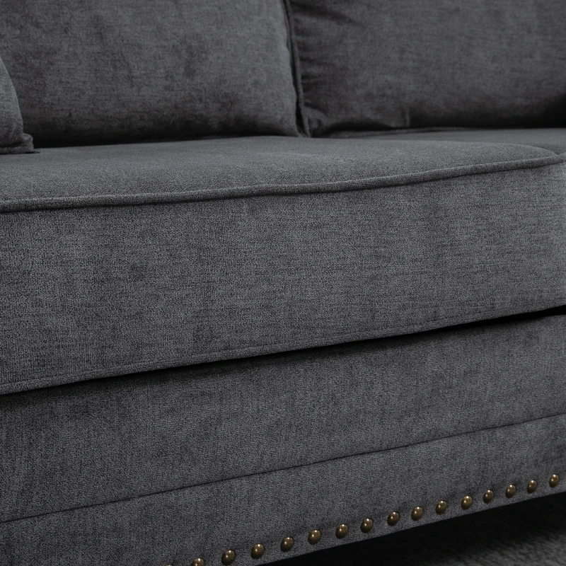 HOMCOM 196cm 3 Seater Sofa, Fabric Sofa with Rubber Wood Legs, Nailhead Trim, 2 Pillows, Small Upholstered Couch Settee for Living Room, Guest Room, Grey