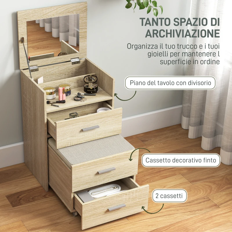 HOMCOM Tavolo da Trucco con Specchio a Ribalta, Cassetti e Sgabello, in Legno e Tessuto Effetto Lino, color Legno