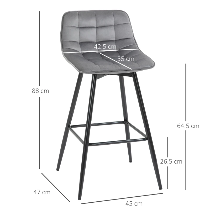 HOMCOM Set di 2 Sgabelli da Bar Effetto Velluto, Seduta Imbottita in Tessuto con Gambe in Metallo e Schienale, Grigio