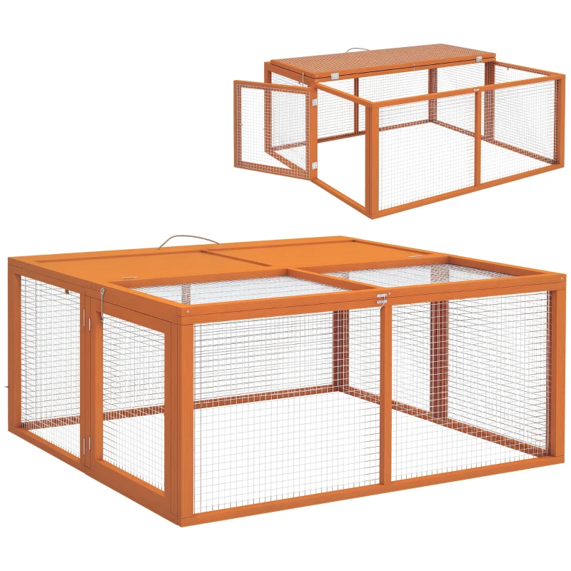 PawHut Wooden Folding Rabbit Hutch, for 2-3 Rabbits - Orange