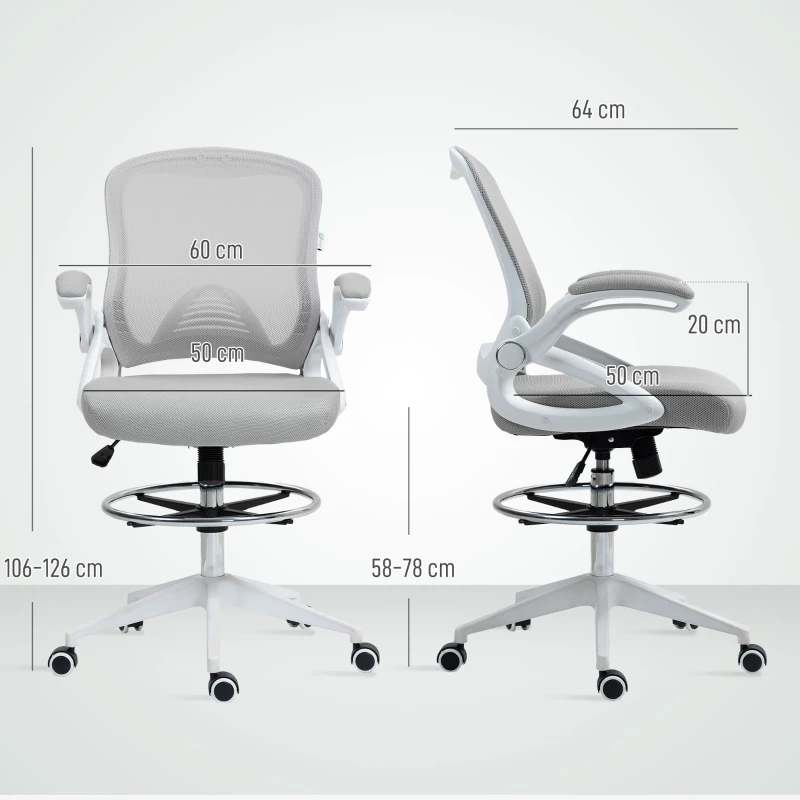 Vinsetto Drafting Chair with Flip-up Armrest, Mesh Office Stool with Foot Ring, 360 Degree Swivel Height Adjustable Chair for Standing Desk, Light Grey
