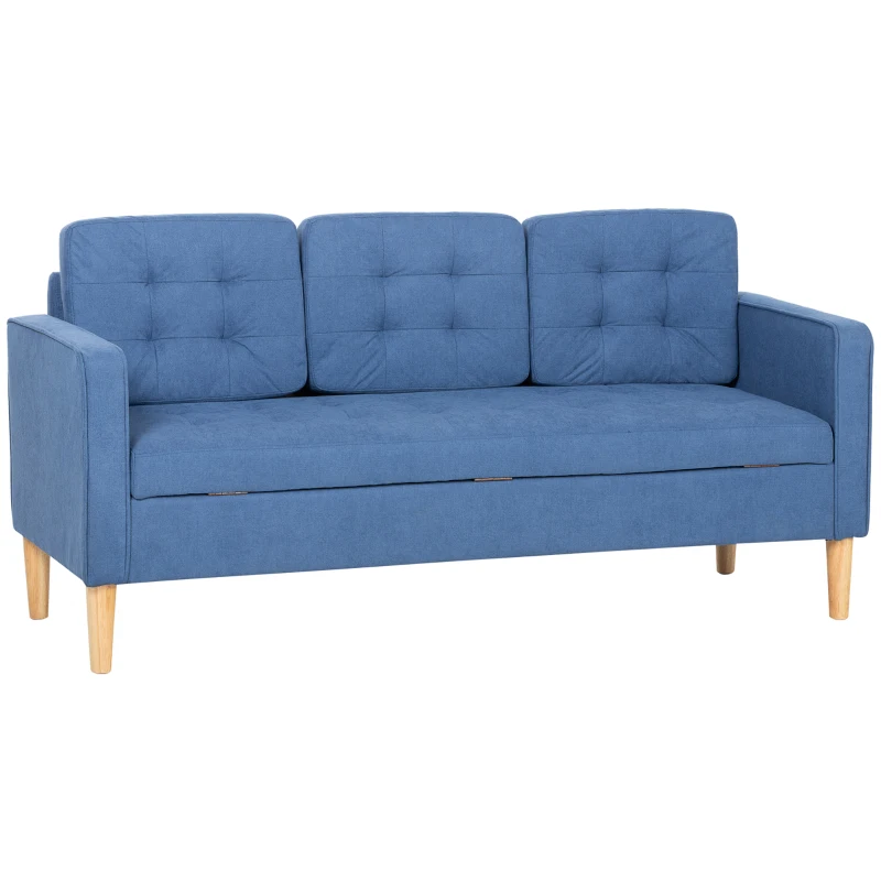 HOMCOM 3 Seater Sofa, 169cm Couch with Hidden Storage, Wood Legs, Blue