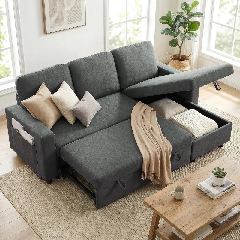 HOMCOM L Sofa Bed, with Storage - Charcoal Grey