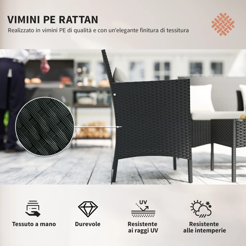 Outsunny Set da Giardino 4Pezzi in Rattan con 2 Sedie, Poltrona da Giardino a 2 Posti e Tavolino Basso