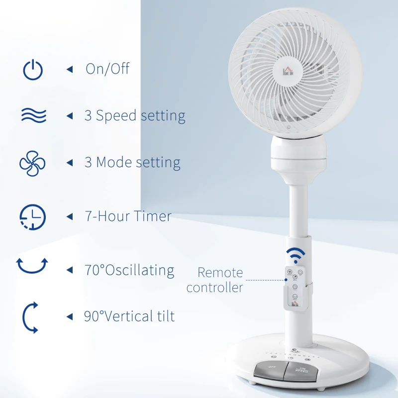 HOMCOM Standing Fan for Bedroom, 28" Pedestal Fan with Remote, 70° Oscillating, 90° Vertical Tilt, 3 Speeds, Adjustable Height, 7H Timer, Foot Button, White