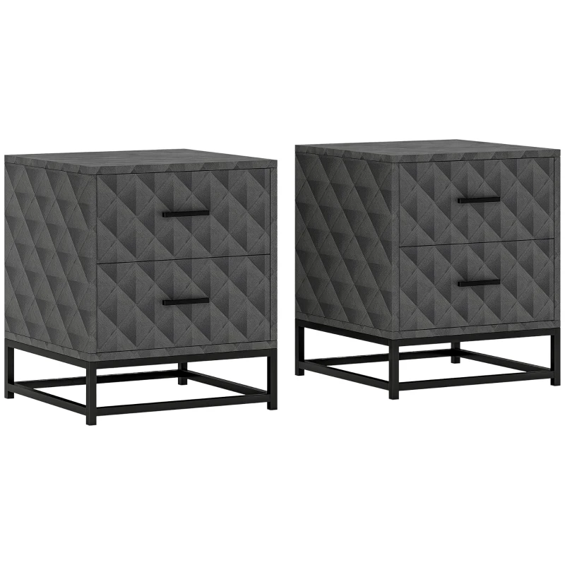 HOMCOM Bedside Tables Set of 2, Modern Bedside Table Nightstand with 2 Drawers, Bedside Cabinet Sofa Side Table with Storage, Steel Legs for Bedroom, Living Room, Grey