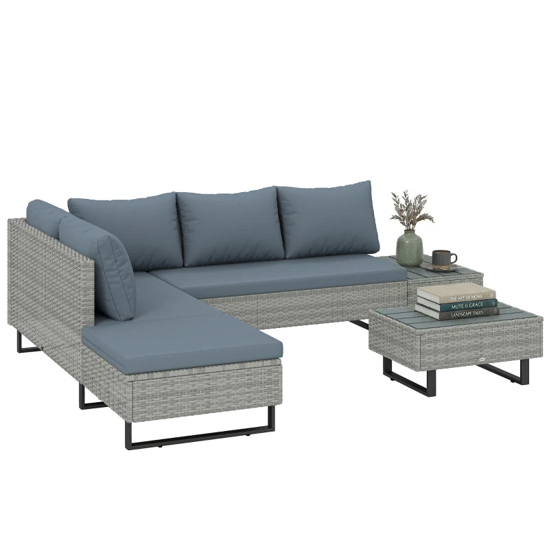 Outsunny 5 Seater Rattan Garden Furniture Set, L Shaped Garden Corner Sofa, Adjustable Back, Faux Wood Tables, Grey