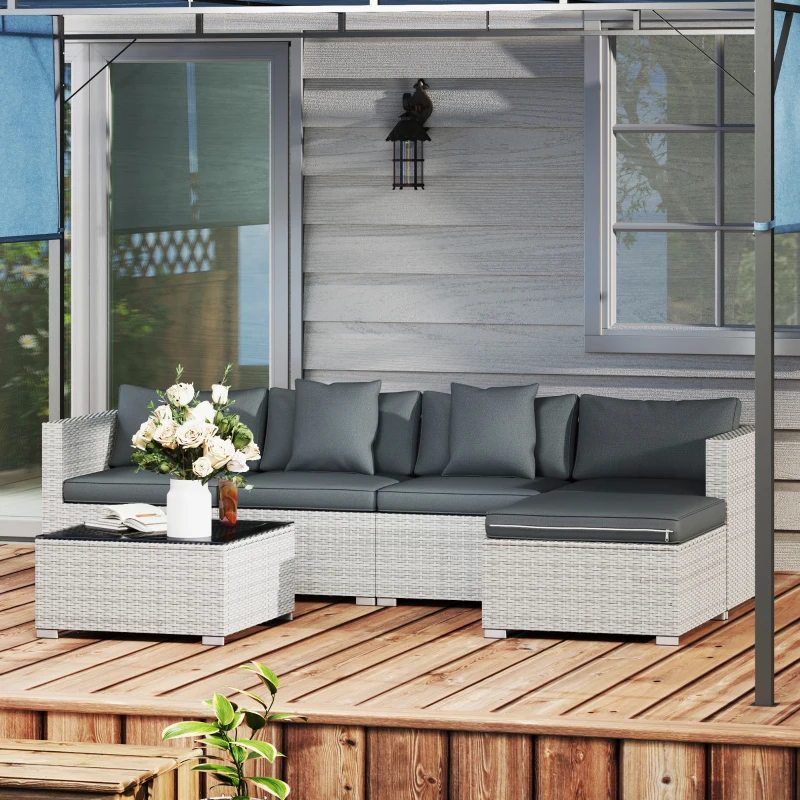 Outsunny 6 Pieces Rattan Corner Sofa Set - Mixed Grey