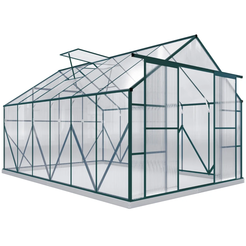 Outsunny 8 x 12ft Aluminium Greenhouse Polycarbonate Walk in Garden Greenhouse Kit with Adjustable Roof Vent, Double Sliding Door, Rain Gutter and Foundation, Clear