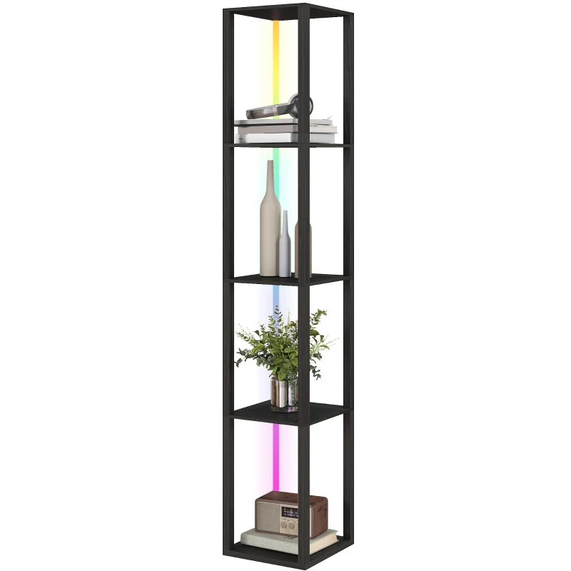 HOMCOM RGB LED Floor Lamp with Shelves, Modern Dimmable Standing Lamp with Remote Control, Adjustable Brightness & Speed for Living Room, Bedroom, Office, Black