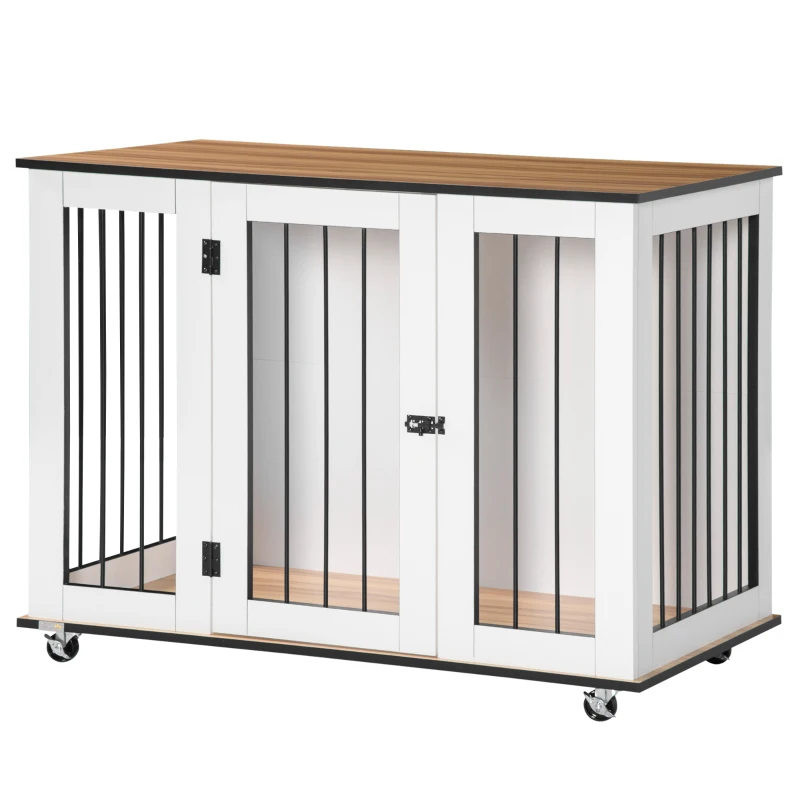 PawHut Dog Crate Furniture, Dog Cage End Table, with Wheels, for Large Dogs, 106 x 60 x 82 cm  - White