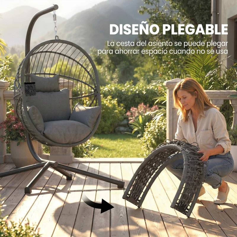 Outsunny Silla Colgante Huevo con Soporte con Cesta Plegable Cojín y Reposacabezas para Interior y Exterior Carga 120 kg Gris