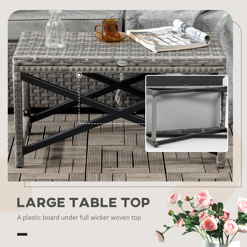 Outsunny Outdoor Coffee Table, Garden PE Rattan Side Table with Plastic Board Under the Full Woven Table Top and X-Shaped Frame for Patio, Balcony, Mixed Grey