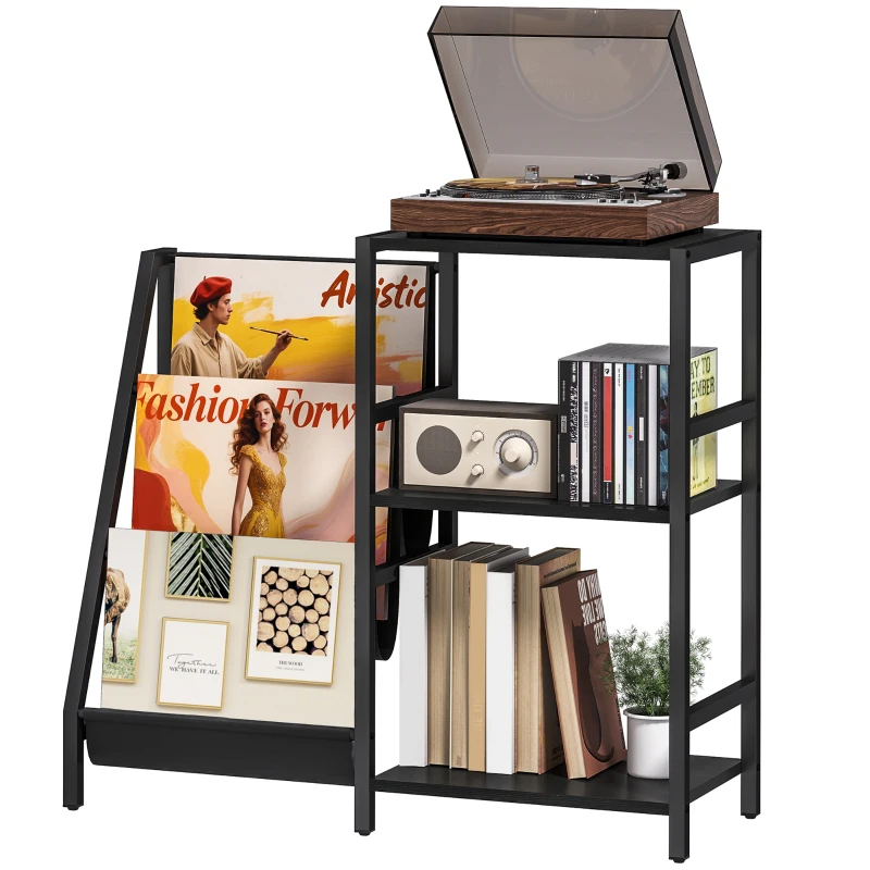 HOMCOM 3-Tier Record Player Stand, End Table for Living Room, Bedroom - Black Wood Effect