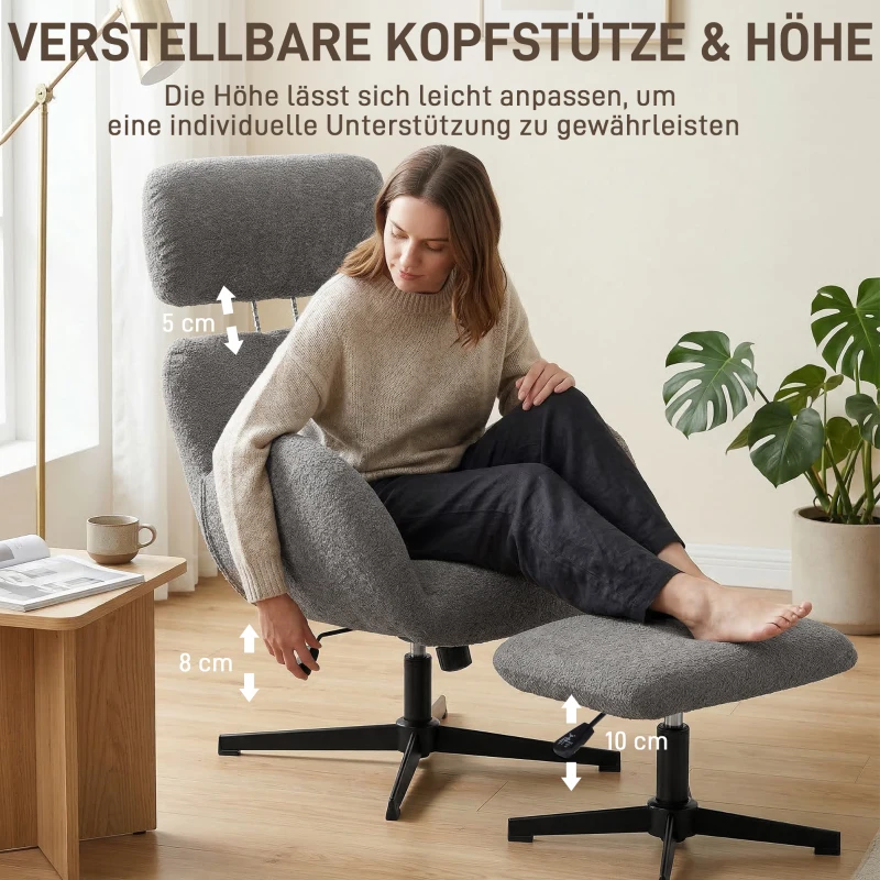 HOMCOM Drehbarer Sessel mit Fußhocker, höhenverstellbarer Akzentstuhl mit verstellbarer Kopfstütze, Schaukel-Funktion, Grau