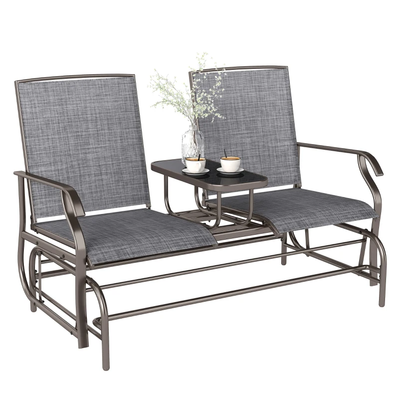Outsunny 2 Seats Garden Glider Bench, Metal Frame Loveseat with Glass Top  Centre Table, Porch Rocking Glider for 2 Person, for Deck, Patio, Brown/ Grey