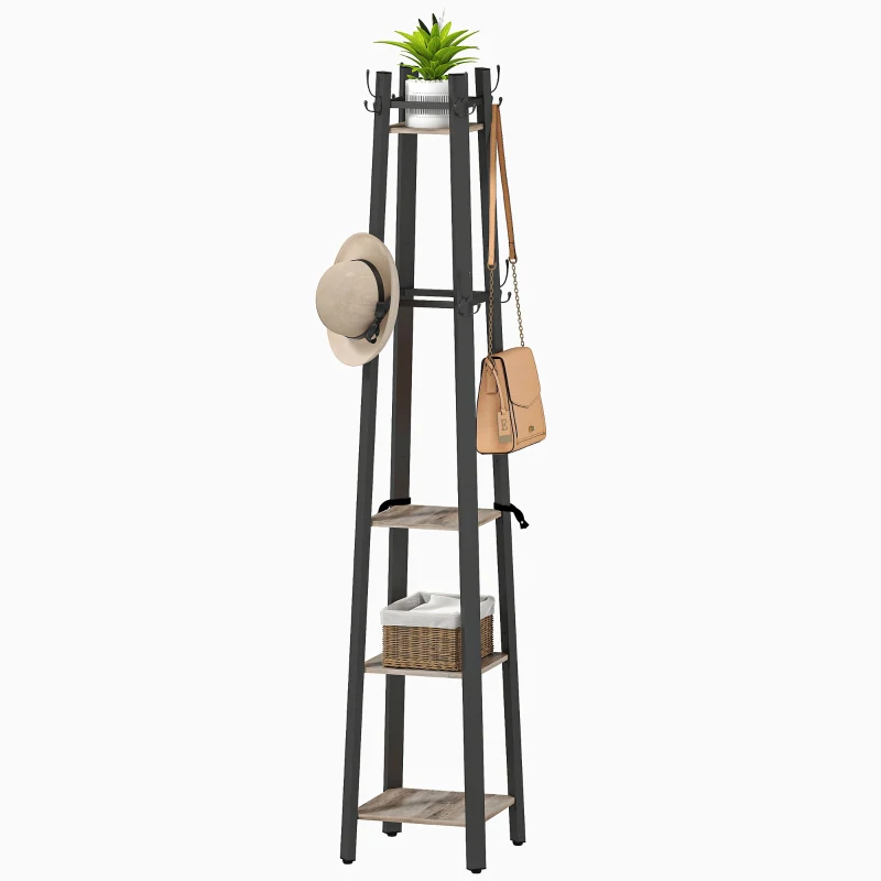 HOMCOM Industrial-Style Four Shelf Coat Stand - Grey/Black
