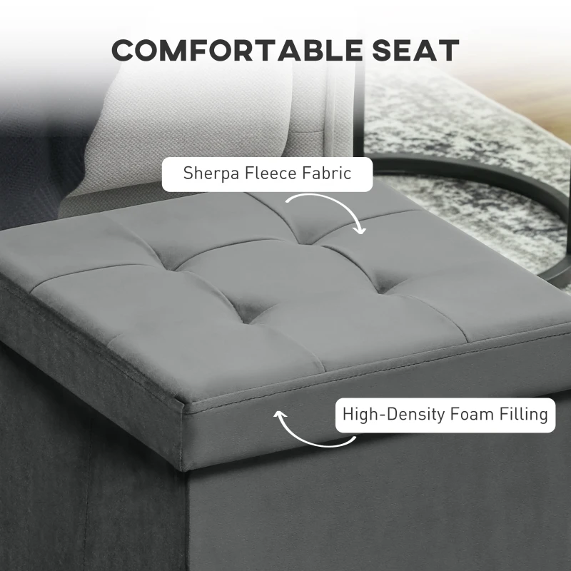 HOMCOM Foldable Velvet-Feel Storage Ottoman - Grey
