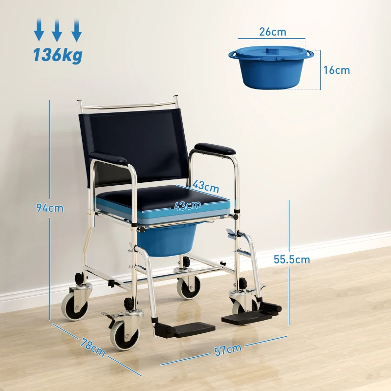 HOMCOM 3-In-1 Commode Wheelchair - Black