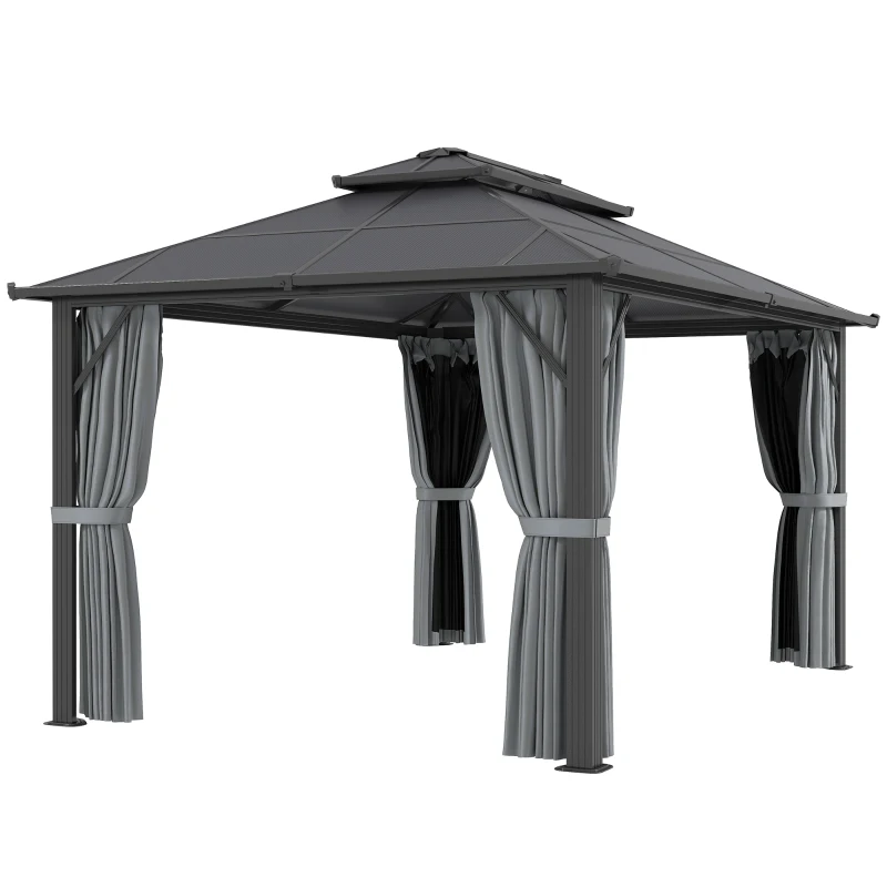 Outsunny 3 x 4m Hardtop Gazebo Canopy with UPF30+ Double Polycarbonate Roof, Aluminium Frame Garden Gazebo Permanent Pavilion with Mosquito Netting and Curtains for Patio, Deck, Grey